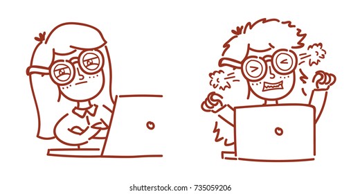 Suspicious look, offended, angry, in rage emotions. Girl with glasses working on laptop computer. Set of hand drawn outline style illustration for web, stickers, emoji, emoticon