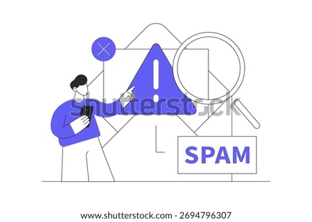 Suspicious and malicious spam email with alert notification. Malicious hyperlinks concept, url or website address. Flat Cartoon Vector Illustration, icon Stylish abstract design landing page web