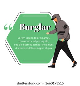 Suspicious man flat color vector character quote. Thief putting stolen money into pocket. Street robber. Citation blank frame template. Speech bubble. Quotation empty text box design