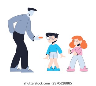Suspicious Man Stranger Offering Candy to Little Boy and Girl Vector Illustration