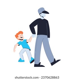 Suspicious Man Stranger Pull Little Boy by Hand Vector Illustration