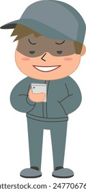 
Suspicious man touching his smartphone with an evil smile
