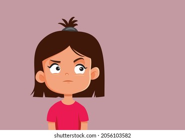 
Suspicious Pensive Girl Looking Sideways Vector Cartoon. Toddler feeling skeptical and mistrustful overthinking decisions
