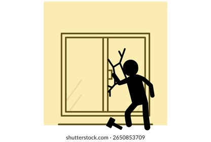Suspicious person breaking in by smashing window with hammer, Crime Prevention and Home Security Icons, Vector Illustration