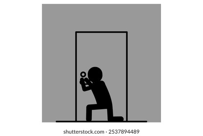 Suspicious person picking the front door key in the dark, Crime Prevention and Home Security Black and White Icons, Vector Illustration