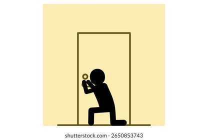 Pessoa suspeita escolhendo a chave da porta da frente no escuro, Prevenção de crimes e Ícones de segurança doméstica, Ilustração de vetor