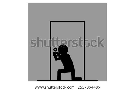 Suspicious person picking the front door key in the dark, Crime Prevention and Home Security Black and White Icons, Vector Illustration