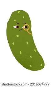 Suspicious sceptical cucumber with distrustful face expression, doubting emotion. Funny discontent vegetable character with monocle eyeglass. Flat vector illustration isolated on white background