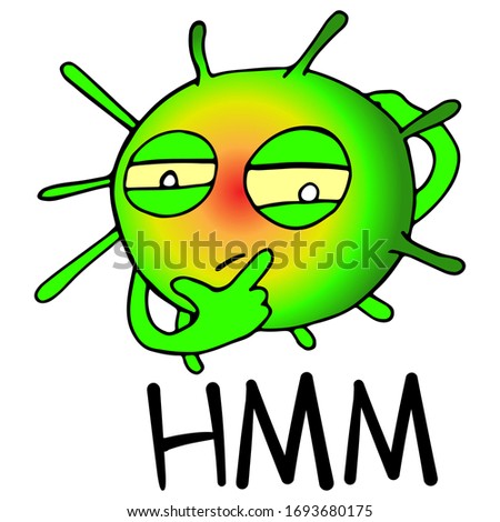 Suspicious and speculative coronavirus. Cartoon image of COVID-19 in vector vintage style. Stock illustration with a dreaming microbe with "hmm" sound. For print, medical sites, children's books.
