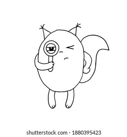 A suspicious squirrel looks through a magnifying glass. Detective. Vector hand-drawn doodle illustration. Black and white outline