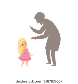 Suspicious Stranger Offering A Candy To A Little Girl, Kid In Dangerous Situation Vector Illustration On A White Background