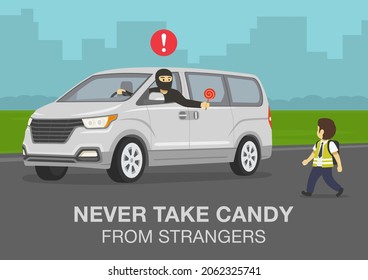 Suspicious Stranger Wearing Black Balaclava Mask Offers Candy To A Little School Boy. Never Take Candy From Strangers Warning Design. Flat Illustration Template.