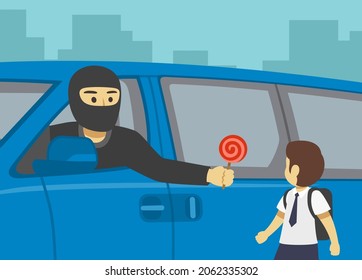 Suspicious stranger wearing black balaclava mask offers candy to a little school boy. Close up view. Flat illustration template.