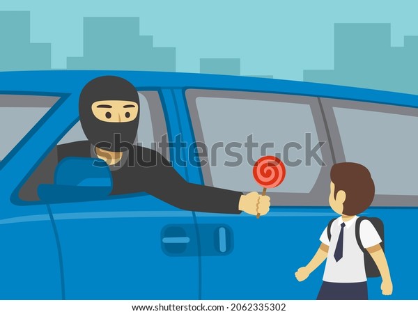 Suspicious stranger wearing black balaclava\
mask offers candy to a little school boy. Close up view. Flat\
illustration\
template.
