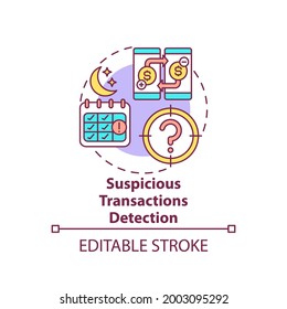 Suspicious Transactions Detection Concept Icon. Terrorist Financing Idea Thin Line Illustration. Money Laundering Crimes. Vector Isolated Outline RGB Color Drawing. Editable Stroke