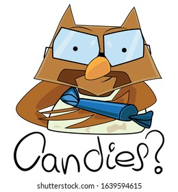 Suspicious type offering candy. Dangerous character. Composition with the personification of “a wolf in sheep's clothing” A whiskered bird with glasses in dirty clothes, holds a candy in his hand. 