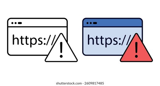 Suspicious URL icon in outline and color style. Browser warning sign indicating phishing link, fake website, or untrusted HTTPS connection.
