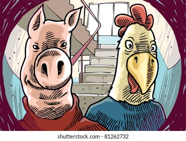 The suspicious visitors - the pig and the chicken, - are standing behind the front door.