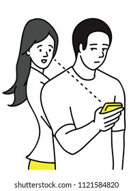 Suspicious woman try to looking and spying by reading her boyfriend's smartphone from behind when he is not aware of privacy. Outline, hand drawn sketch design.