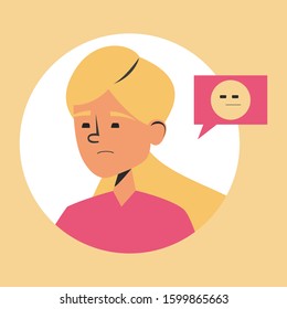 Suspicious woman vector isolated. Portrait of a girl looking in doubt. Flat person and yellow emoji symbol.