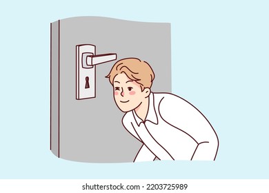 Suspicious young man look in door lock. Smiling guy peep in door hole spy after neighbors at home. Vector illustration. 