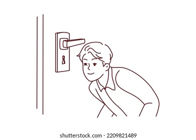 Suspicious young man look in door lock. Smiling guy peep in door hole spy after neighbors at home. Vector illustration. 