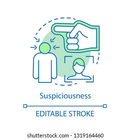 Suspiciousness concept icon. Mistrust idea thin line illustration. Law problem. Suspicion feeling. Detective and criminal. Secret agent interrogation. Vector isolated outline drawing. Editable stroke
