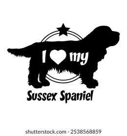 Sussex Spaniel cão silhueta, eu amo o meu cão, cão, raças de cães, logotipo, vetor, silhueta, animal, ilustração, ícone, sinal, preto, animal de estimação,