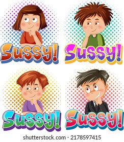 Sussy text word Banner Comic Stil mit Cartoon-Zeichenausdruckgrafik