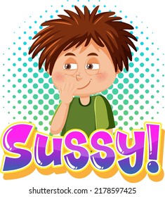 Sussy text word banner comic style with cartoon character expression illustration
