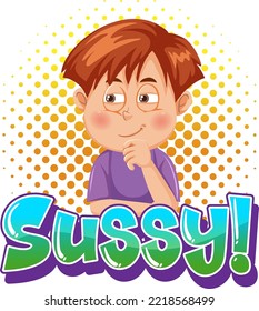 Sussy text word banner comic style with cartoon character expression illustration