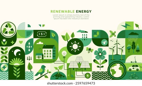 Sustain environment, green energy vector illustration. Ecology icons, recycle energy technology concept for eco friendly background. Save planet design in flat modern style, geometric shape.