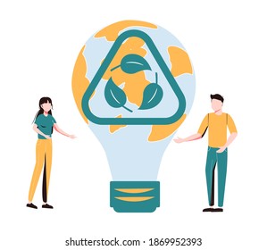 Sustainability in alternative resource electricity supply tiny person concept. Power production using renewable, green, safe and long term source vector illustration. Earth in shape of lightbulb lamp