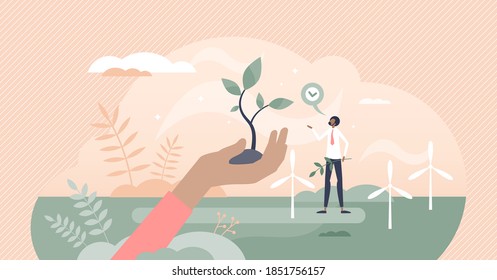 Sustainability as alternative wind energy and forestation tiny person concept. Environment friendly and green CO2 emissions free resources vector illustration. Save clean climate and plant trees scene