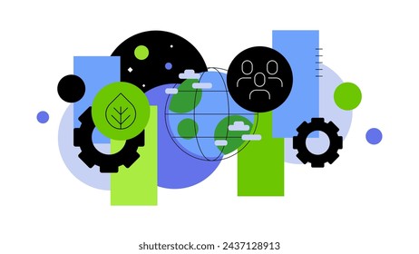 Nachhaltigkeit und ausgewogene Entwicklung. Menschliche Technologien, Erde, Natur, Universum und Umwelt. Abstrakte flache Infografik. Vektordatei.