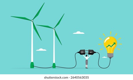 Sustainability business with eco friendly ecology to help climate change, good ESG environmental social governance, business woman use energy from windmills to run environmentally friendly businesses