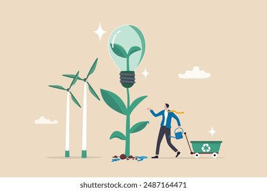 Sustainability business, ESG environmental social governance, green or clean energy, eco friendly ecology to help climate change, recycle concept, businessman pouring ecology plant with clean energy.