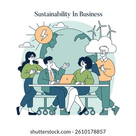 Sustainability in business focuses on integrating eco-friendly practices into operational strategies. This illustration represents teamwork, innovation, and a commitment to a greener future.