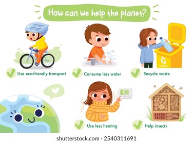 Sostenibilidad. Niños que mantienen el medio ambiente, el planeta, la ecología, haciendo prácticas ecológicas, actividades que intentan consumir menos energía, recursos, agua, usar menos plástico, reciclar desechos