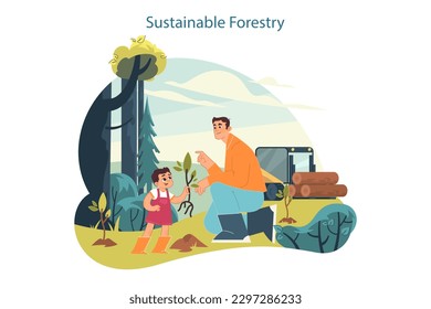 Sustainability. Climate preservation and people wellbeing practises. Children learning about reforestation. Family, father and son planting trees. Flat vector illustration
