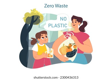 Sustainability. Climate preservation and people wellbeing practises. Children learning about zero waste movement. Environmental protection and waste reduce. Flat vector illustration