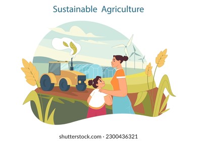 Sustainability. Climate preservation and people wellbeing practises. Child learning about sustainable agriculture. Modern farming and gardening with wind turbine. Flat vector illustration