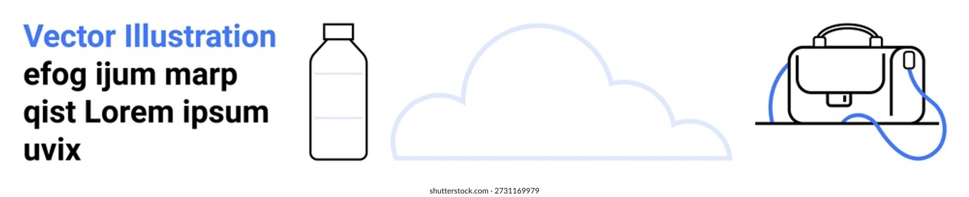 Sostenibilidad, tecnología en la nube, elementos esenciales de viaje, minimalismo, estilo de vida ecológico, activos digitales. Una botella, nube y bolsa dibujadas con un diseño limpio. Sostenibilidad y tecnología cloud