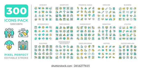 Sustainability colorful icons set collection. Eco friendly technology integration. Business and lifestyle mega pack of flat line symbols, pixel perfect. Isolated vector illustrations. Editable stroke