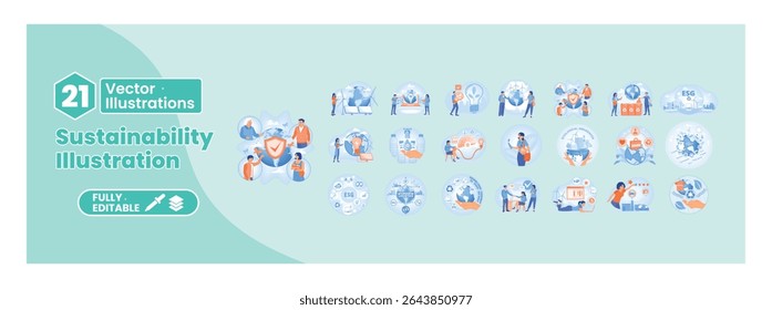 Sustainability concept. A collection of illustrations depicting sustainability, esg, green energy, and environmentally friendly practices. Mega set.