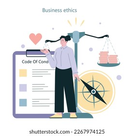 Sustainability concept. Corporate responsibility and ethics. Company management prioritizes moral values. Business strategy follows ethical principles and rules. Flat vector illustration