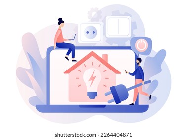 Sustainability concept. Energy saving. Reduce energy consumption at home. Unplug appliances and use energy saving light bulb. Modern flat cartoon style. Vector illustration on white background
