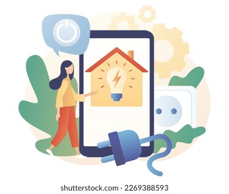 Sustainability concept. Energy saving. Reduce energy consumption at home. Unplug appliances and use energy saving light bulb. Modern flat cartoon style. Vector illustration on white background