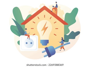 Sustainability concept. Energy saving. Tiny people unplug appliances and use energy saving light bulb. Reduce energy consumption at home. Modern flat cartoon style. Vector illustration on white backgr