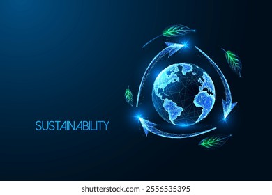 Sustainability concept featuring glowing globe, arrows, and green leaves on dark blue background. Environmental protection, renewable energy. Glowing low polygonal abstract vector illustration.